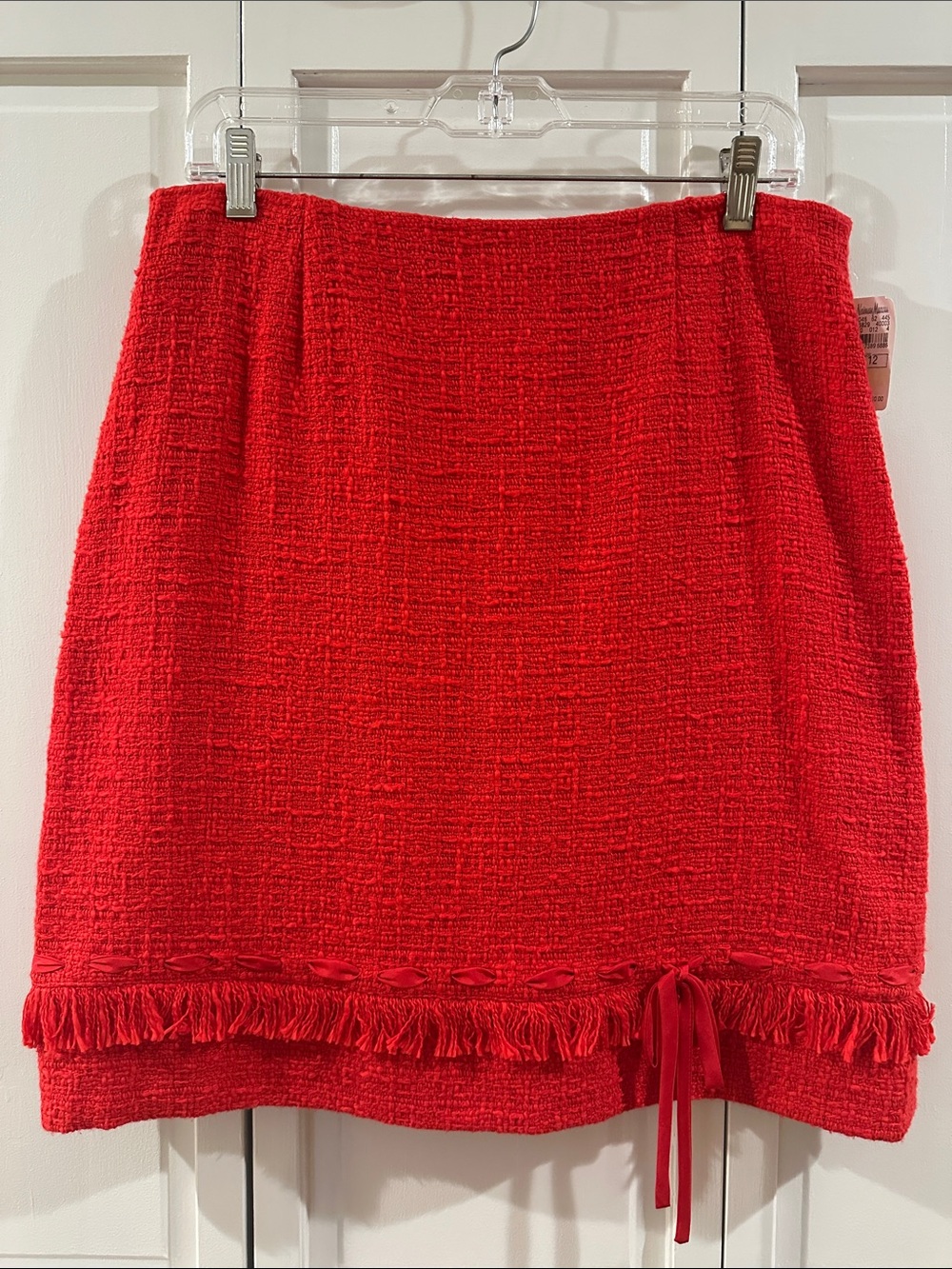 JÔN Vibrant Red Tweed Fringed Pencil Skirt with Bow Detail, Size 12